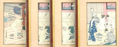 three framed paintings of people in a room with a cat