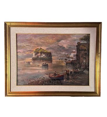 tableau représentant un bateau sur une rivière, avec un château en arrière-plan