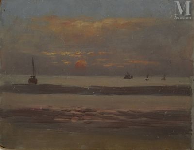 painting of a sunset over a body of water with sailboats in the distance