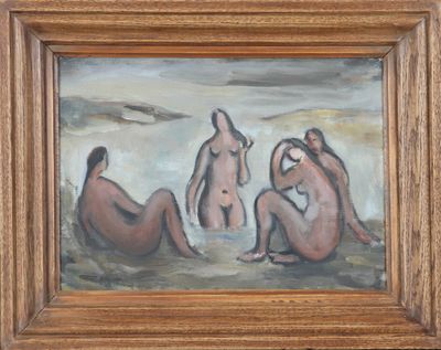 painting of a group of nudes sitting on a beach