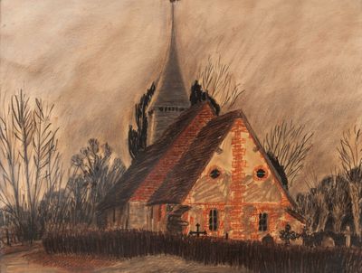 painting of an old church with a steeple and a steeple on the roof