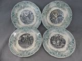 four blue and white plates with pictures of people and animals on them