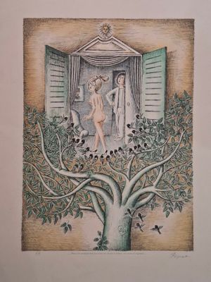 painting of a woman standing in a tree with a bird in her hand