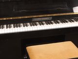 a black piano with a stool in front of it