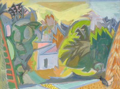 une peinture à l'huile représentant un épi de maïs posé sur une table, avec une vue sur un village