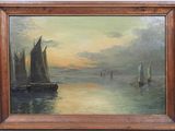 painting of sailboats in the water at sunset with clouds