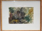 aquarelle encadrée représentant un homme à cheval dans une zone boisée