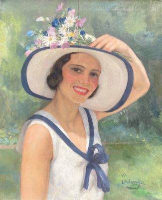 tableau représentant une femme portant un chapeau orné de fleurs
