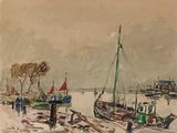 a painting of a boat on the water with people walking by