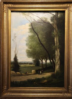 tableau représentant un paysage avec des moutons et des arbres, dans un cadre doré