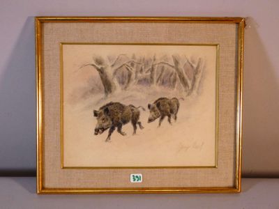 painting of two boars in the snow by a tree