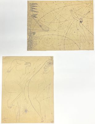 trois feuilles de papier sur lesquelles figurent des dessins, posées sur une surface blanche