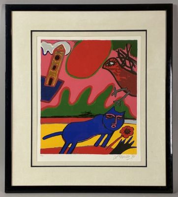 an image of a painting of a dog and a bird in a field