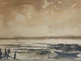 a painting of a boat in the water with a sky background