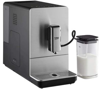 an image of a coffee machine with a glass of milk next to it