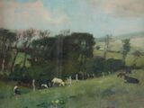 a painting of sheep grazing in a field near a fence