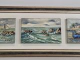 painting of boats in the water and a city in the distance