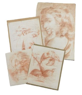 three drawings of a woman and a child, one of which is holding a bird