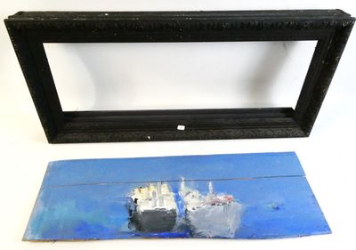 painting of two ships in a black frame on a white background