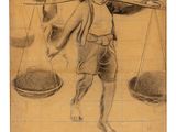 pencil drawing of a man holding a balance scale and a dog