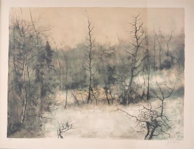 une photo d'un tableau représentant des arbres sous la neige