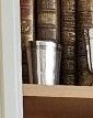 un chat assis sur une étagère devant une bibliothèque