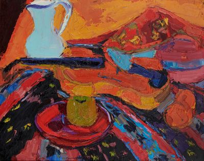 une peinture représentant un pichet et une assiette posés sur une table