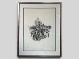 a black and white drawing of a city on a wall