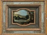 peinture représentant un paysage avec un homme et un chien dans un cadre boisé