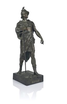 bronze statue of a man holding a basket on a marble base