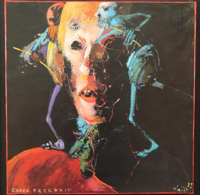 a painting of a woman ' s face is shown in a black frame