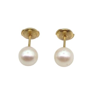 a pair of pearl earrings on a white background