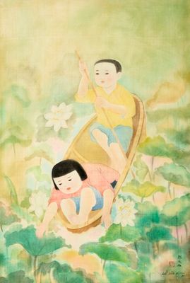 tableau représentant deux enfants dans une barque sur un étang de nénuphars