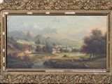 une peinture à l'huile représentant un paysage avec une rivière et des montagnes en arrière-plan
