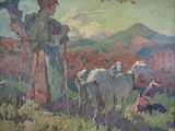 painting of a painting of a man and a woman with sheep in a field