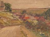 painting of a country road with a church in the distance