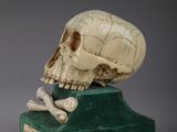 skull and crossbone on a green pedestal with a gray background