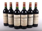 six bouteilles de vin rouge alignées