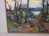 painting of a painting of a landscape with trees and a body of water