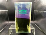 a clear box with a purple and green logo on it
