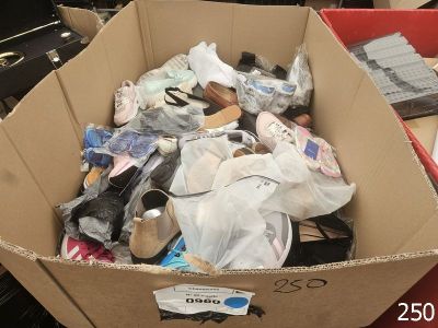 une boîte en carton remplie de chaussures et d'autres objets