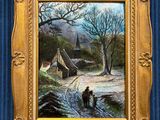 une peinture à l'huile représentant un homme et un chien dans un paysage enneigé