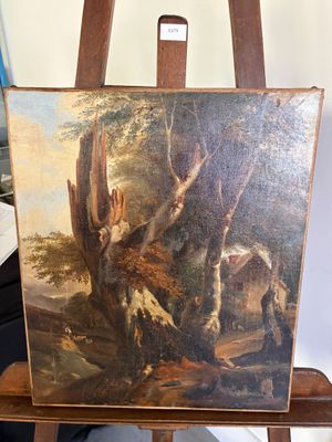 un tableau posé sur un chevalet, avec, en arrière-plan, un tableau représentant un cerf