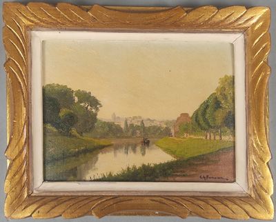 une image représentant un tableau représentant une rivière, dans un cadre doré