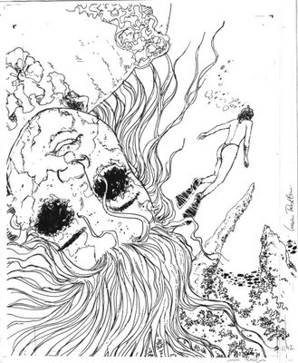 un dessin en noir et blanc représentant un crâne aux cheveux longs