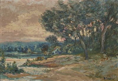 an image of a painting of a landscape with trees and a body of water