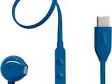 a pair of blue earphones with a cable connected to it