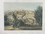 painting of a view of a town with a church on a hill