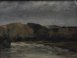 une image représentant un tableau d'une rivière avec une montagne en arrière-plan