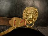 a close up of a helmet with a lion ' s head on it